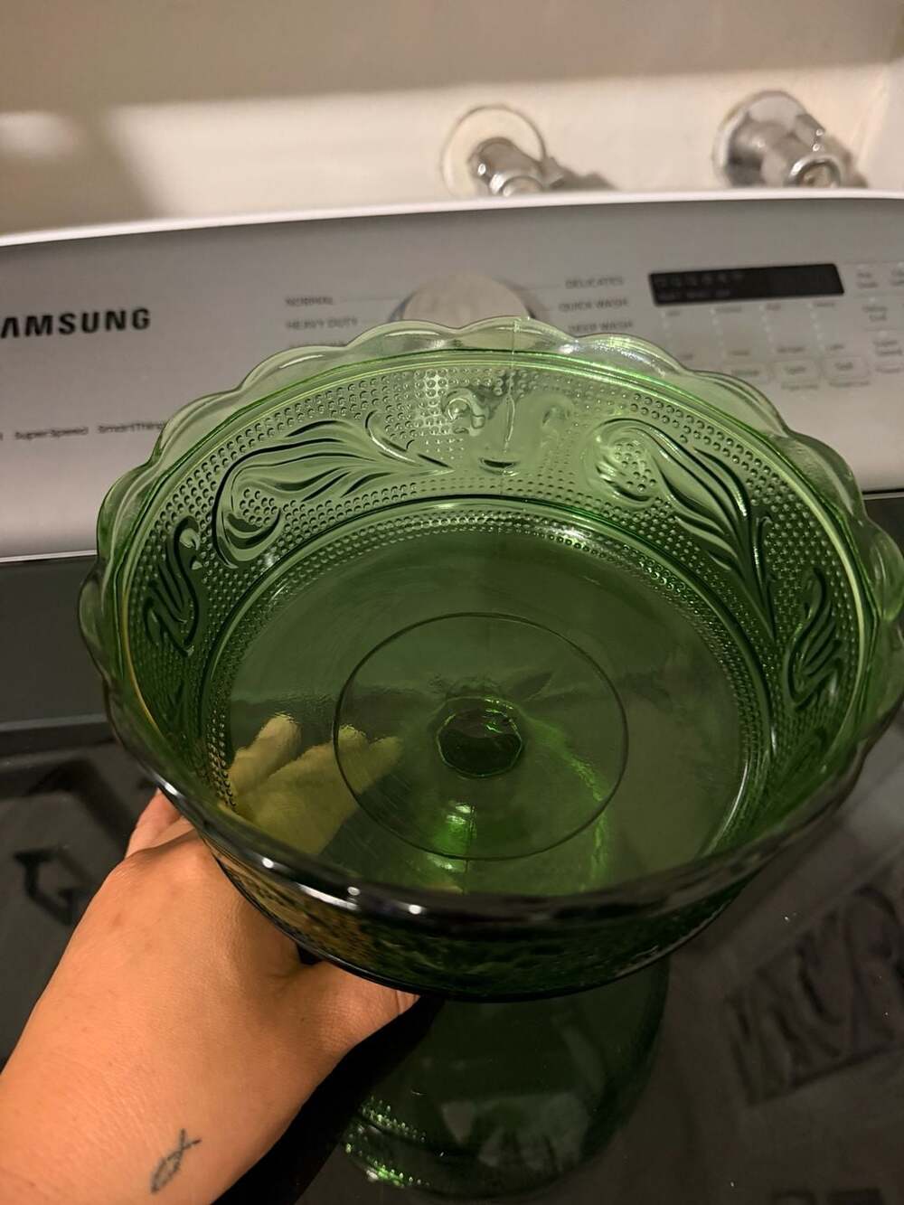 Vintage E.O. Brody Co. Emerald Green Glass Pedestal Compote Dish